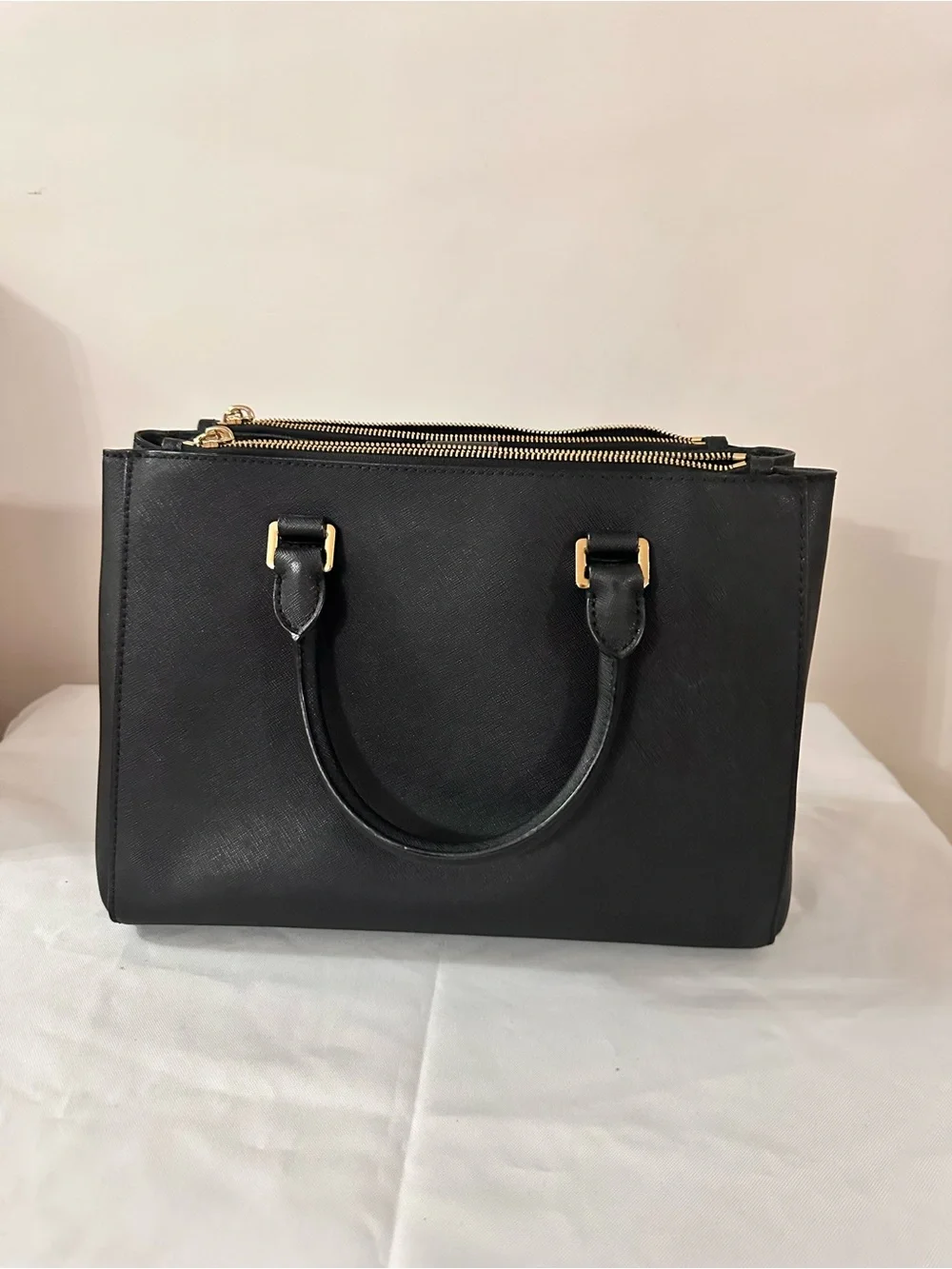 Michael Kors Black Leather Top-Handle Satchel with Gold Hardware